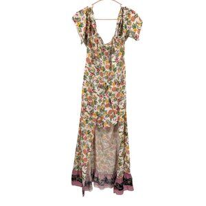 ANGIE Tropical Pineapple Hi Low‎ Maxi Dress NEW Puff Sleeves Sweetheart Neck M